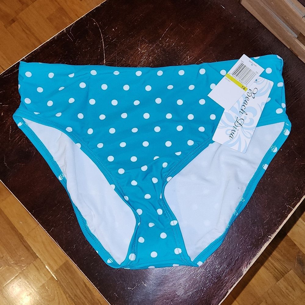 NWT Beach Diva Teal with White Polka Dot Bikini Bottoms Size 14